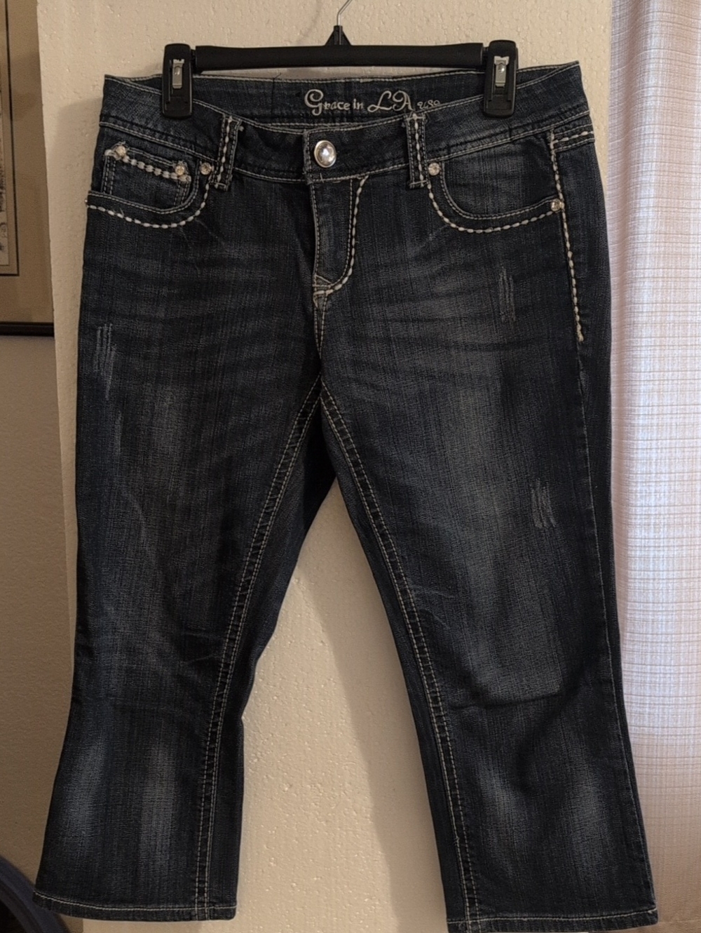 Grace in LA Dark Indigo Cropped Jeans with White Contrast Stitching